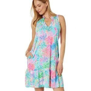 Lilly Pulitzer Malone Dress Celestial Blue Cay to My Heart Tropical Coral size L